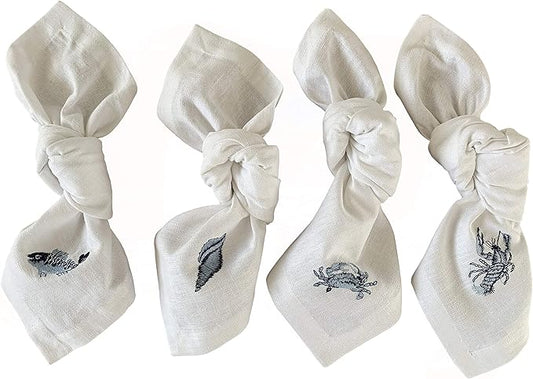 White Linen Dinner Napkins - 100% Linen Cloth - Fully Hemmed with Mitered Corners - Washable - Pack of 4 (Nautical Marine Embroidered)