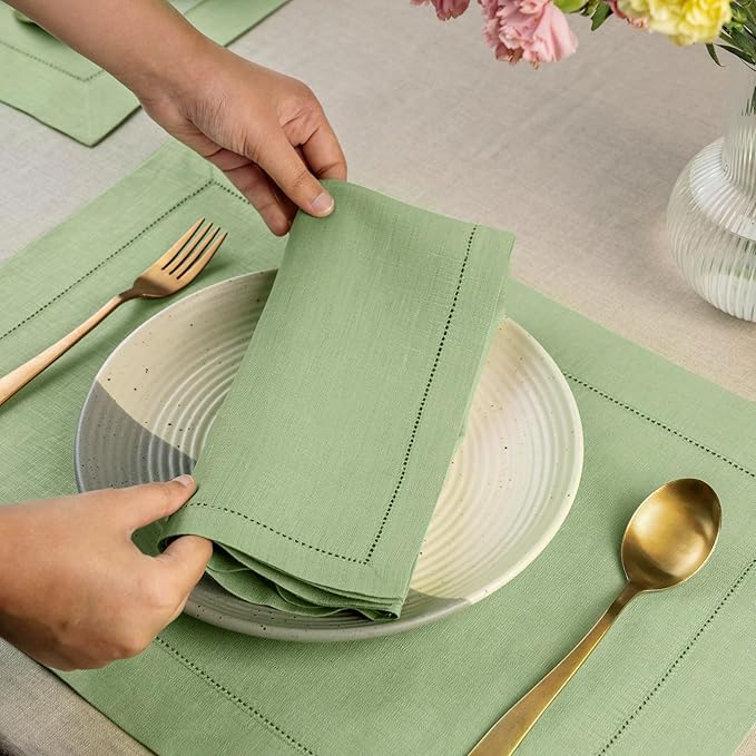 Signature Linen™ by D'Moksha Sage Green Dinner Napkins Set of 4, 20 x 20 Inch Cloth Napkins, 100% Pure Linen, Hemstitch, Machine Washable Table Napkins- Summer, Father's Day