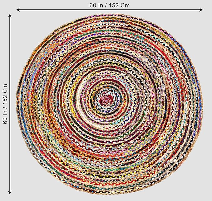 COTTON CRAFT Jute Cotton Chindi Braid Rag Rug - Boho Farmhouse Rustic - Handwoven Reversible Natural Jute and Recycled Cotton Throw Area Rug Carpet - Home Décor - 5 Feet Round - Multi Color