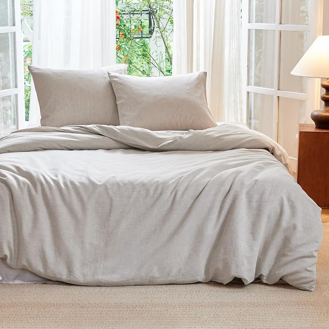 Simple&Opulence Linen Duvet Cover Set Queen Size - French Linen Cotton Woven Blend in Natural Beige, 3 Pieces (1 Comforter Cover 88x92” + 2 Pillowcases), Soft & Breathable All-Season Farmhouse Bedding