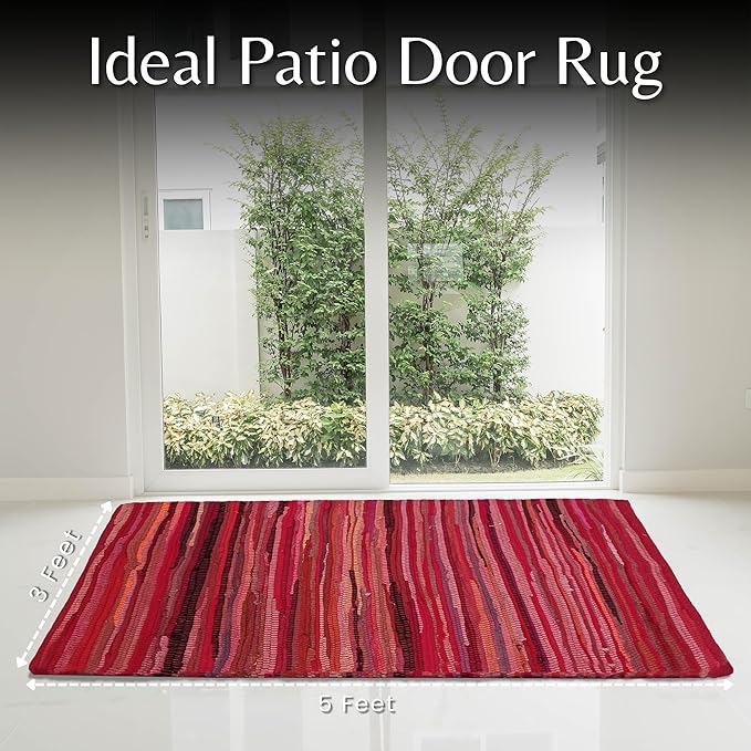 Cotton Hand Woven Chindi Rug 3x5 Feet - Red, Reversible Throw Indoor Decorative Carpet Ideal for Entryway, Kitchen, Bedroom | Pink Farmhouse Accent Soft Durable Outdoor Floor Rag Rugs for Nursery