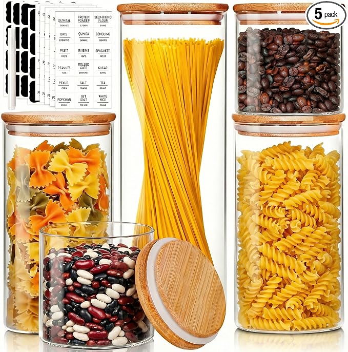 HomArtist Glass Jars with Bamboo Lids [Muti Size Set of 5], Glass Canisters with Airtight Lids, Glass Food Storage Containers for Pasta, Oats, Coffee, Flour, Sugar, Rice, Best for Kitchen & Pantry
