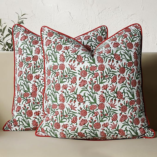CPC 100% Cotton Throw Pillow Covers 24x24 Inch, Set of 2 Red Block Print Pattern Couch Pillow, Cute Boho Decorative Pillows for Living Room, Bedroom with Hidden Zipper- Red Garnet
