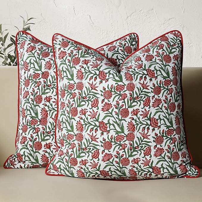 CPC 100% Cotton Throw Pillow Covers 20x20 Inch, Set of 2 Red Block Print Pattern Couch Pillow, Cute Boho Decorative Pillows for Living Room, Bedroom with Hidden Zipper- Red Garnet