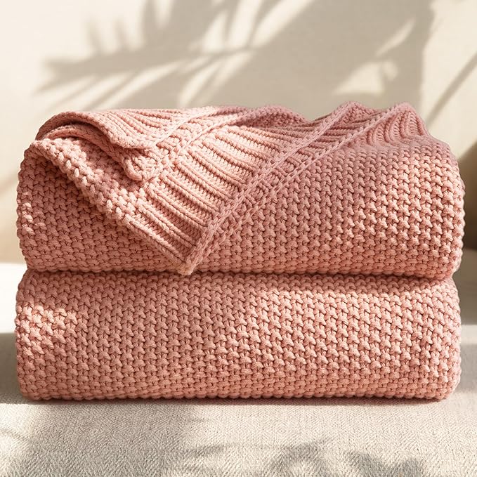 100% Cotton Cable Knit Throw Blanket, Lightweight Soft Knit Blanket for Sofa Couch Bed, Breathable All-Season Throw, Cozy Decorative Blanket, 50 x 60 Inch,Pink