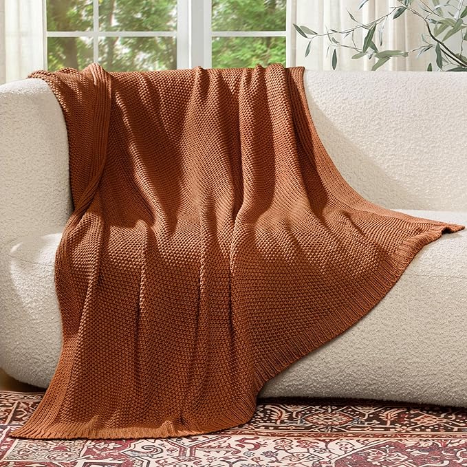 100% Cotton Cable Knit Throw Blanket, Large Lightweight Soft Knit Blanket for Sofa Couch Bed, Breathable All-Season Throw, Cozy Decorative Blanket, 60 x 80 Inch,Burnt Orange