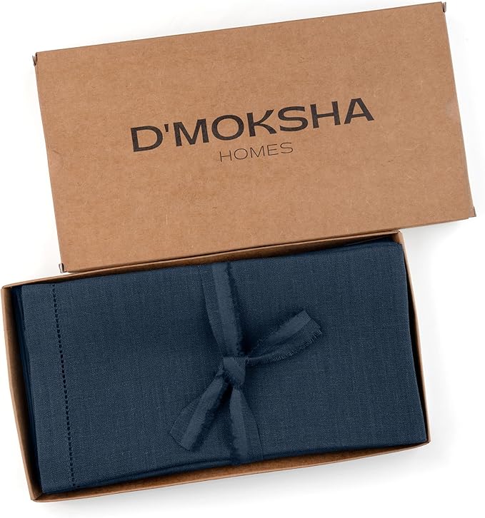 Signature Linen™ by D'Moksha Navy Blue Dinner Napkins Set of 4, 20 x 20 Inch Cloth Napkins, 100% Pure Linen, Hemstitch, Machine Washable Table Napkins- Summer, Father's & Independence Day