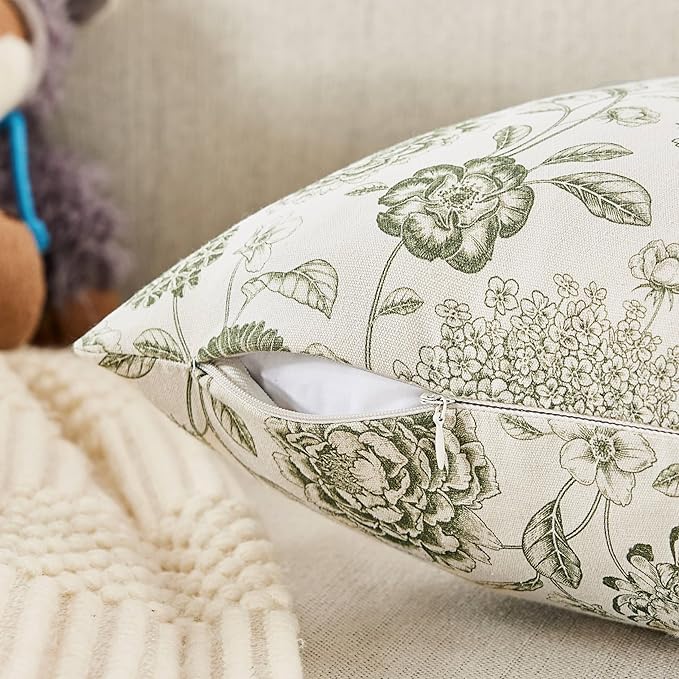 100% Cotton Botanical Throw Pillow Covers Set of 2, 24x24 Inch Moss, Farmhouse Double-Sided Floral Print Decorative Cushion Covers Pillow Cases Boho Home Decor