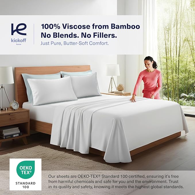 Kickoff Viscose Bamboo Pillowcase, Standard, Set of 2, 100% Organic Hidden Zippered Viscose Bamboo Pillow Case Standard Size, Cooling Pillow Cover for Hot Sleepers (20"x26", Trimmed Coastal Blue)