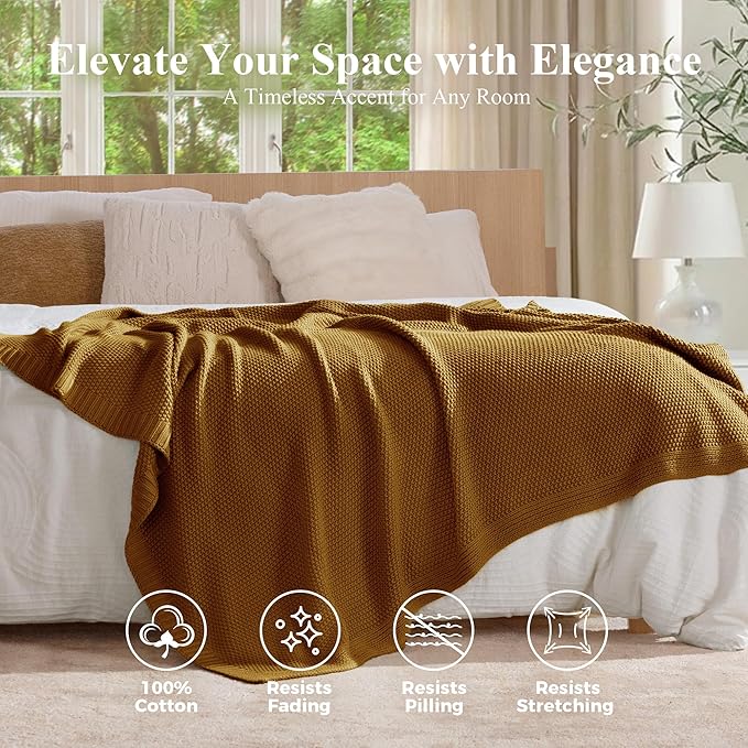 100% Cotton Cable Knit Throw Blanket, Large Lightweight Soft Knit Blanket for Sofa Couch Bed, Breathable All-Season Throw, Cozy Decorative Blanket, 60 x 80 Inch,Mustard