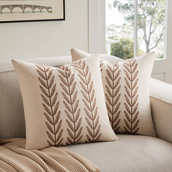 100% Cotton Farmhouse Leaves Throw Pillow Covers Set of 2, 24x24 Inch Caramel Pastoral Decorative Print Cushion Covers for Sofa Bed Living Room Home Decor