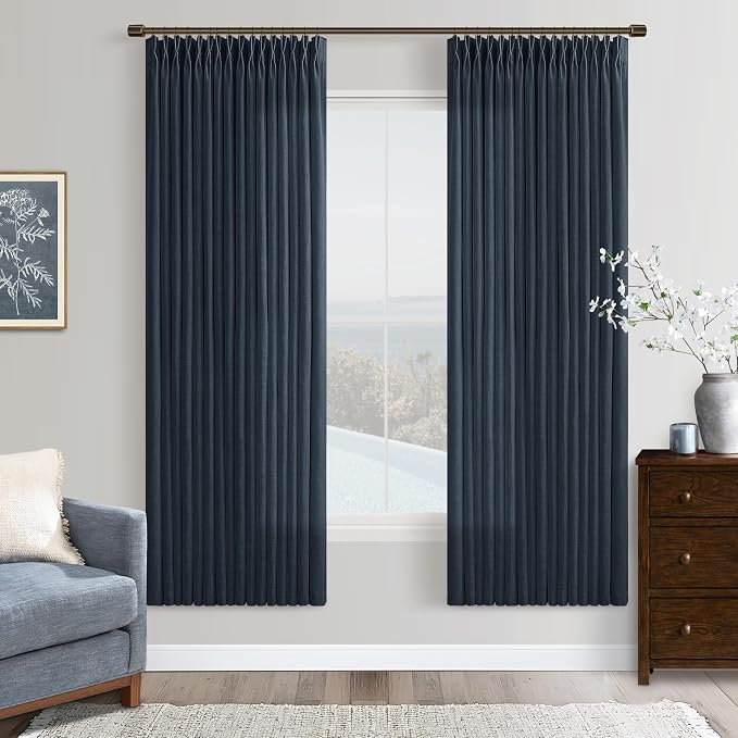 Navy Linen Curtains 72 Inches Long 2 Panels Set for Living Room Bedroom Pinch Pleated Back Tab Drapes Neutral Modern Farmhouse Semi Sheer 72 Inch Curtains for Dining Room Window Cabin Dark Blue