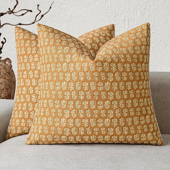 Foindtower Set of 2 Decorative Neutral Floral Print Throw Pillow Covers Vintage Accent Farmhouse Cushion Cover Boho Home Decor For Sofa Couch Chair Bedroom Living Room Outdoor,20×20 Inch,Golden Orange
