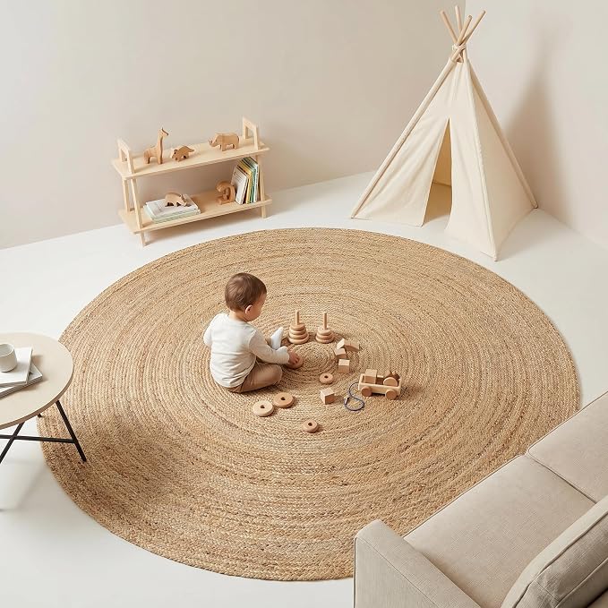 THE BEER VALLEY Jute Braided Area Rug 8 Feet Round - Natural | Reversible Handwoven Circle Rug for Living Room, Bedroom, Nursery - Large Farmhouse Indoor Décor Floor Mat