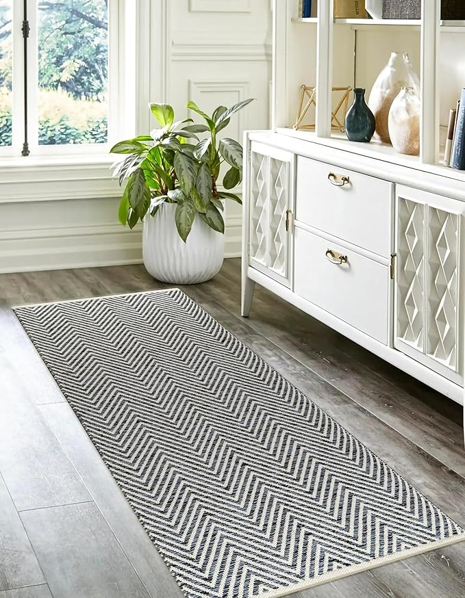 Cotton Chevron Hand Woven Area Runner Rug 2x6 Feet - Charcoal, Farmhouse Decorative Floor Runners Ideal for Hallways, Kitchen, Bedroom | Nursery Durable Geometric Reversible Living Space Patio Mats