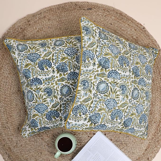 SheetKart Pure Cotton Throw Pillow Covers - Set of 2 - Hand Block Pure Cotton Printed Boho Decorative Pillow Covers - Cushion Covers for Living Room, Bohemian Theme, 17 x 17 Inches, Midnight Olive