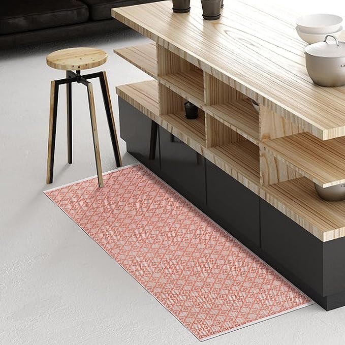 Cotton Diamond Woven Runner Rug 2x6 Feet - Dusty Pink, Anti Slip Farmhouse Geomatric Pattern Floor Area Runners Ideal for Hallways, Kitche, Laundry Room | Peach Nursery Patio Décor Mats for Home Space