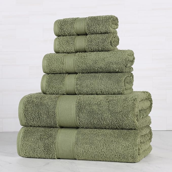 Superior 100% Organic Cotton 6-Piece Towel Set, Includes 2 Bath Towel, 2 Hand Towel, 2 Face Towel/Washcloth, Daily Use, Bathroom, Guest Bath, Absorbent, Oregon Collection, Forest Green