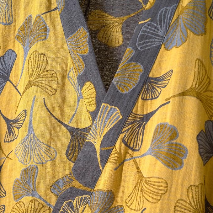 100% Cotton Gauze Ginkgo Leaf Kimono Robe, Long Knit Loose Bathrobe Nightgown Ladies Loungewear Sleepwear for Women