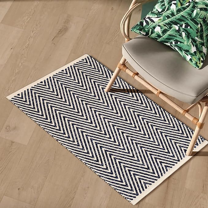 Cotton Chevron Hand Woven Area Rug 2x3 Feet - Navy Blue, Farmhouse Decorative Floor Small Rugs Ideal for Entryway, Kitchen, Bedroom | Washable Durable Geometric Reversible Front Door Patio Mats