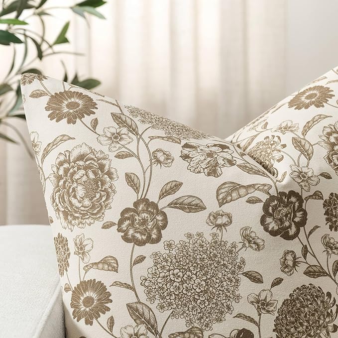 100% Cotton Botanical Throw Pillow Covers Set of 2, 20x20 Inch Latte, Farmhouse Double-Sided Floral Print Decorative Cushion Covers Pillow Cases Boho Home Decor