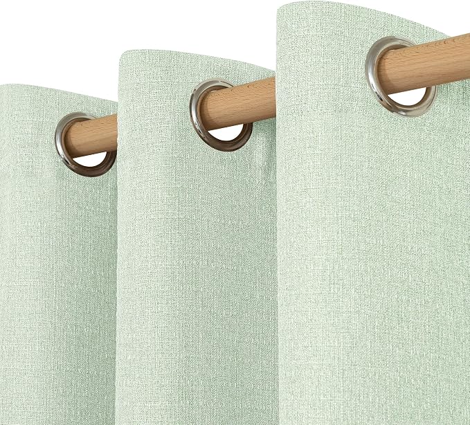 LAMIT Light Green Linen Blended Curtains for Bedroom, 54 inches Grommet Thermal Insulated Thick Cottage Curtains Light Reducing Window Treatment Drapes for Living Room, Set of 2 Panels, W52 x L54