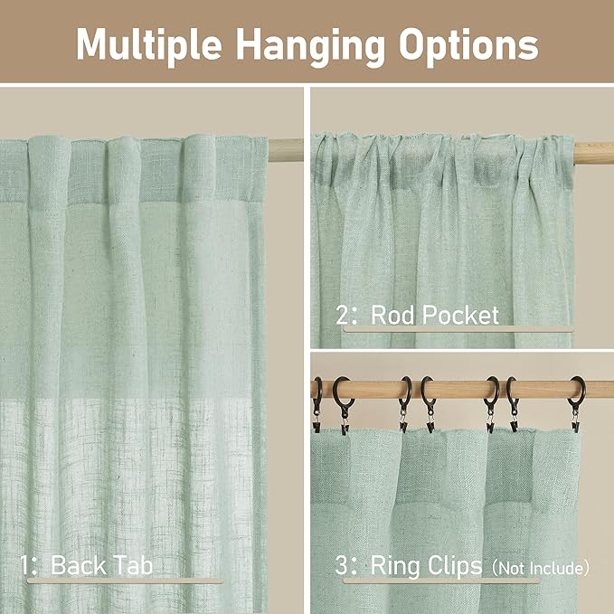 LAMIT Short Linen Window Curtains 30 Inches Long 2 Panels, Light Sage Semi Sheer Light Filtering Panels Back Tab and Rod Pocket Neutral Drapes for Basement/Small Windows, 34 x 30 Inch