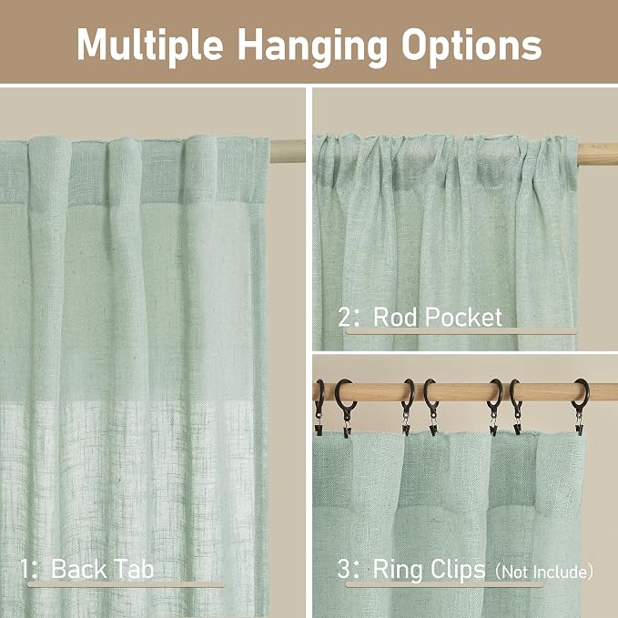 LAMIT Short Linen Window Curtains 40 Inch Length 2 Panels, Light Sage Semi Sheer Light Filtering Panels Back Tab and Rod Pocket Neutral Drapes for Basement/Window/Loft Room, 34 x 40 Inch