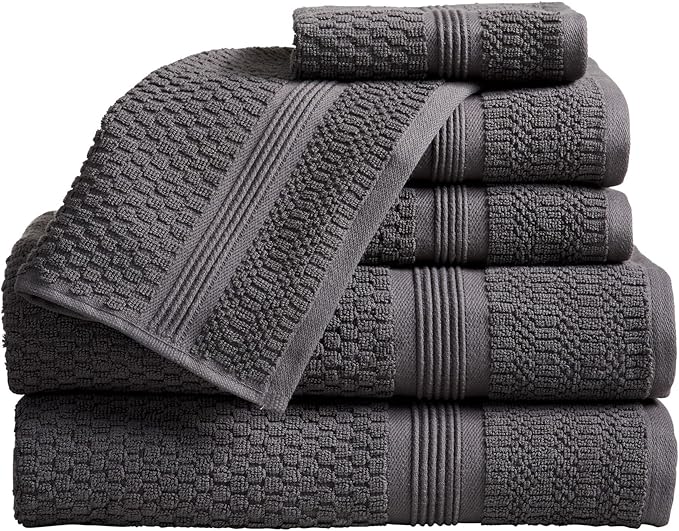 Market & Place 100% Cotton Waffle Weave 6 Piece Towel Set – Soft, Quick-Dry Bath, Hand & Washcloth Towels – Lightweight, Textured Bathroom Set – Charcoal | Zoey Collection