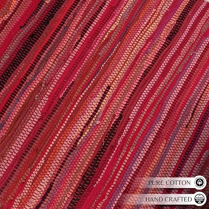 Cotton Hand Woven Chindi Rug 2x3 Feet - Red, Reversible Accent Pink Area Patio Door Mat Ideal for Entryway, Kitchen, Nursery Room, Bedroom | Farmhouse Rustic Floor Décor Rag Rugs for Balcony