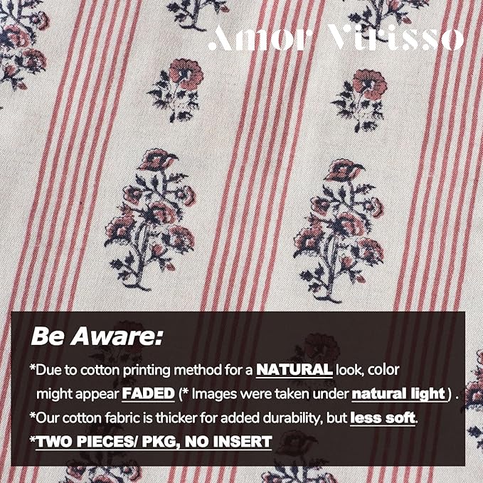 Amor Virisso Floral Throw Pillow Covers 24x24 Set of 2 Block Print Pillow Covers Neutral Floral Striped Farmhouse Decorative Pillow Covers for Sofa Couch Bed, Red