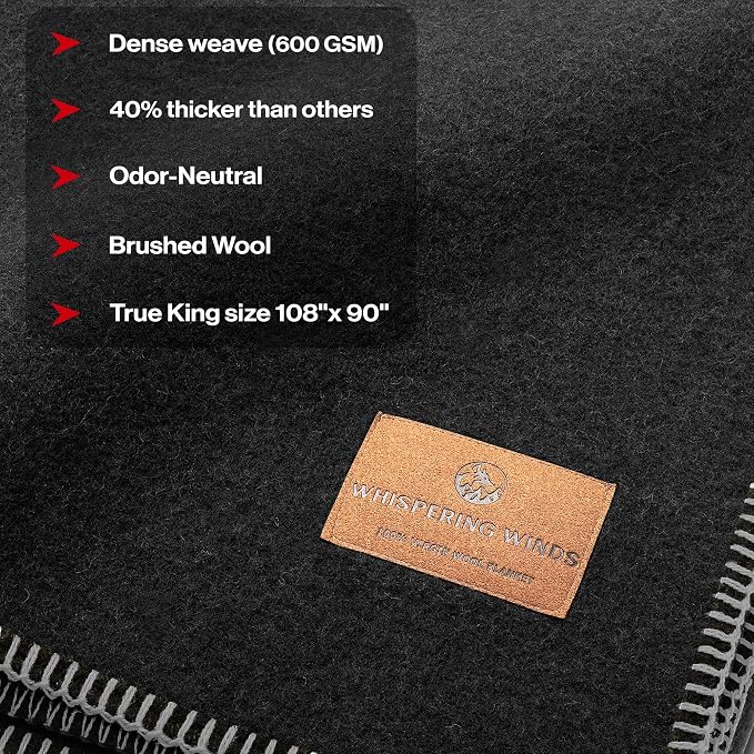 Whispering Winds 100% Wool Blanket, Premium King Size (108"x90") | Soft, Warm, Thick, Comfortable, For Bed, Couch, Home, Car, Camping, Outdoors, Survival