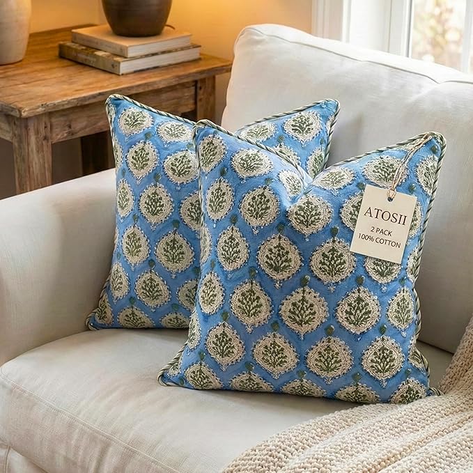ATOSII Block Print Throw Pillow Covers, 24" X 24" - Set of 2, Decorative Couch Pillows for Living Room Bed Sofa, 100% Cotton Canvas Pillow Case for Home Decor & Outdoors, Preppy Throws - Kari Blue