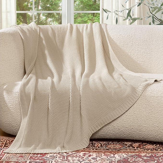 100% Cotton Cable Knit Throw Blanket, Large Lightweight Soft Knit Blanket for Sofa Couch Bed, Breathable All-Season Throw, Cozy Decorative Blanket, 60 x 80 Inch,Linen