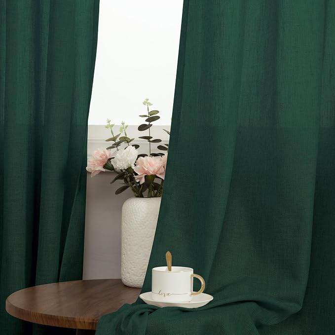 Emerald Green Curtains 63 Inch Length 2 Panel Set Semi Sheer Linen Grommet Lightweight Light Filter Dark Green Academia Curtain for Living Room Bedroom 52x63 Inches Long Boho Cute Home Decor Aesthetic