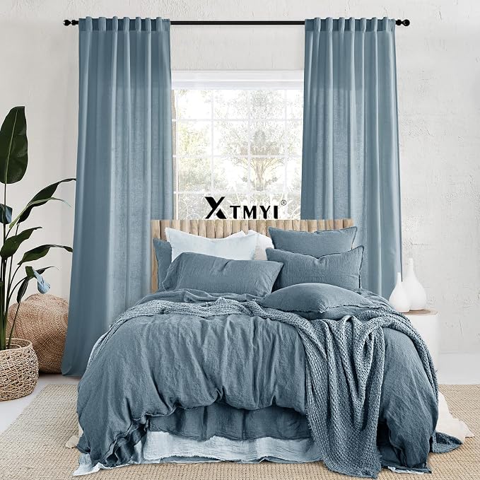 XTMYI Stone Blue Curtains 90 Inches Long for Living Room,Light Filtering Country Vintage Hooks Pleated Back Tab Semi Sheer Linen Curtains for Bedroom 2 Panels Set,Dusty Blue