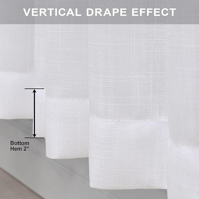 Pitalk White Linen Sheer Drape 104 Inch Curtains for Living Room Custom Curtains 2 Panels Set Back Tab Pleated Modern Farmhouse Light Filtering Ceiling to Floor for Large Window 52 x 104 Long Curtain