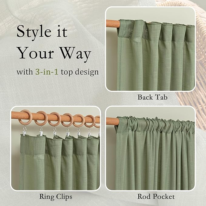 MYSKY HOME 108 Inches Long Sage Green Sheer Curtains for Living Room 2 Panel Sets Light Filtering Window Drapes for Sliding Door Back Tab Draperies Floor to Ceiling Curtains Soft, 50" Wide