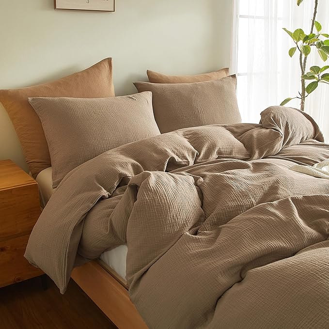SE SOFTEXLY Muslin Duvet Cover Queen Size, 100% Washed Cotton Duvet Cover Set, Ultra Soft Comforter Cover Linen Like, 3 Pieces Minimalist Gauze Duvet Cover with 2 Pillowcases, 80"x90", Light Brown