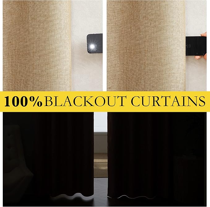 NICETOWN 100% Blackout Linen Curtains with Thermal Insulated White Liner, Camel, 52" Wide by 63" Long, 2 Pieces, Rod Pocket & Back Tab Linen Blend Privacy Window Treatments for Bedroom/Kids' Room