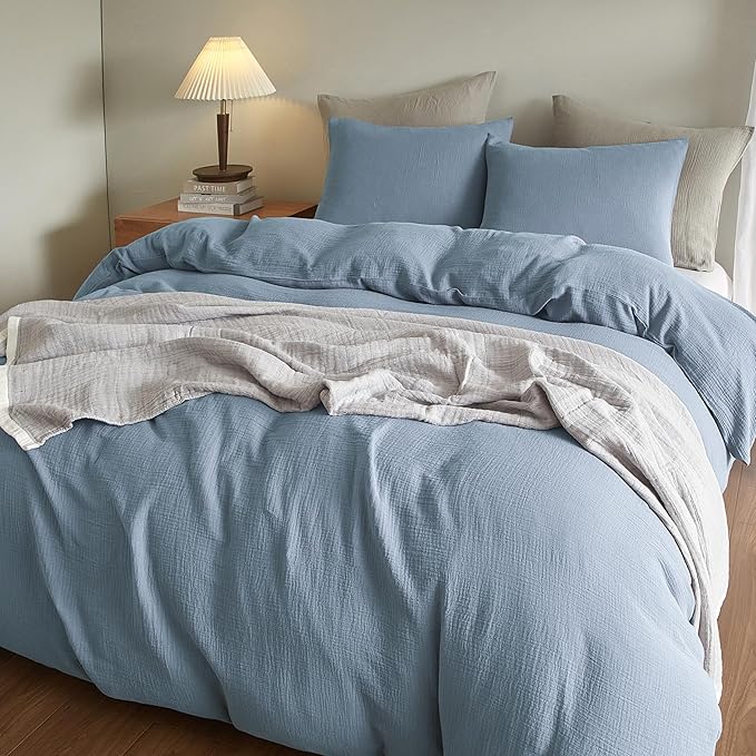 SE SOFTEXLY Muslin Duvet Cover King Size, 100% Washed Cotton Duvet Cover Set, Ultra Soft Comforter Cover Linen Like, 3 Pieces Minimalist Gauze Duvet Cover with 2 Pillowcases, 90"x104", Blue