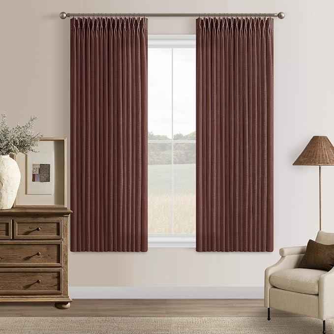 Chestnut Brown Pinch Pleated Linen Curtains 63 Inch Long Country Rustic Memory Training Semi Sheer Pleat Drapes with Hooks Rings 50 Inch Wide Back Tab Curtain 2 Panels Set for Dining Room Bedroom
