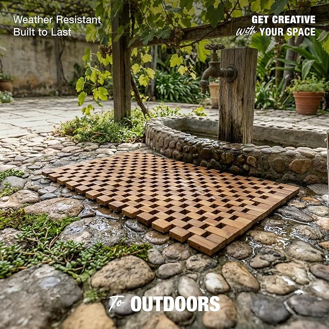 Acacia Wood Bath Mat - Non Slip Sturdy Wooden Bathroom Mat - Large Outdoor Shower Mat for Indoor & Outdoor Shower, Spa, Sauna, Cold Plunge, Camping 16" x 24"