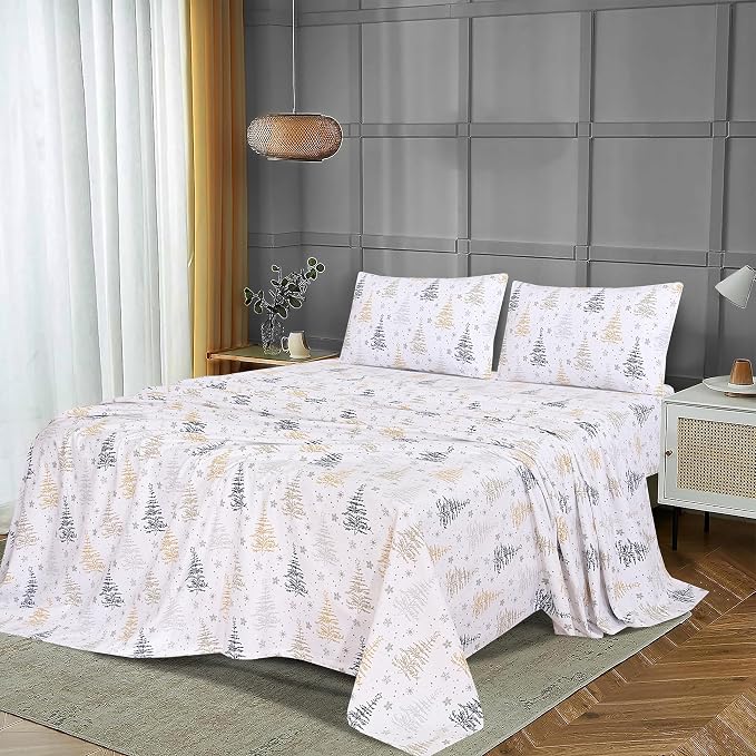 RUVANTI Flannel Sheets Queen Size - 100% Cotton Double Brushed Bed Sheets, Deep Pockets 16 Inches Queen Sheet Set, All Seasons Breathable & Extra Soft - Warm & Cozy, 4 Piece, Christmas Tree