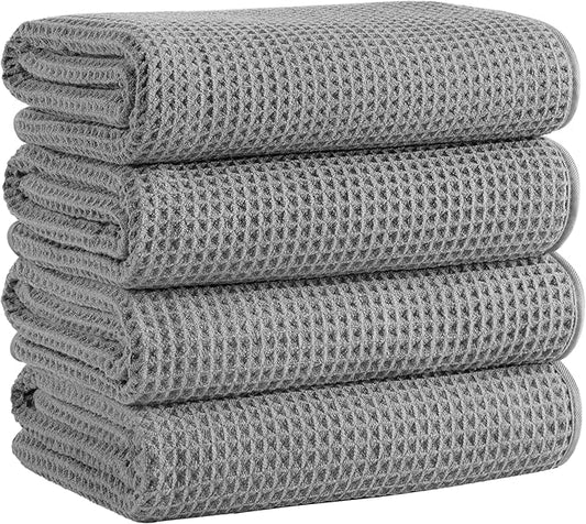Microfiber Waffle Bath Towels, 4 Pieces, Soft, Absorbent, Fast Drying, Lint Free 430 GSM (Gray)