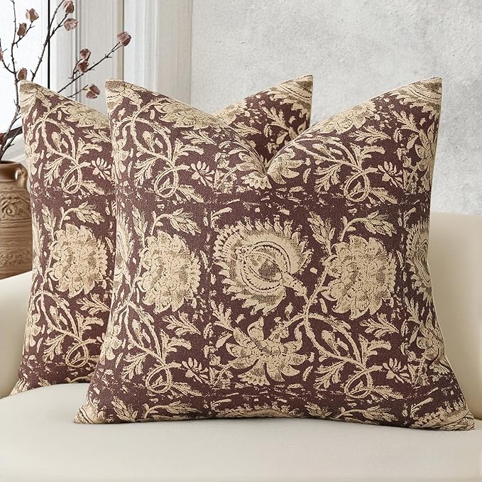 Vintage Floral Print Throw Pillow Covers 16x16 Set of 2 Neutral Modern Farmhouse Accent Decorative Cushion Covers Boho Home Decor for Couch Sofa Chair Bed Living Room, Oxblood
