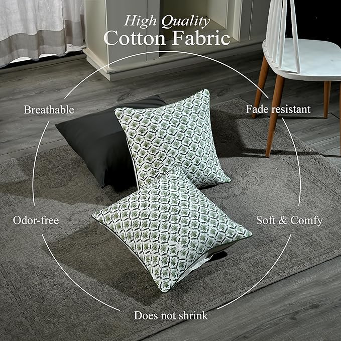 CPC Moss Green Block Print Throw Cushion Cover 20 x 20 Inch Set 2 - Decorative Boho Floral Pillow Case for Living Room, Bed, Sofa, Couch, Home Decor Cushion Cover Gift for Spring, Mother's Day