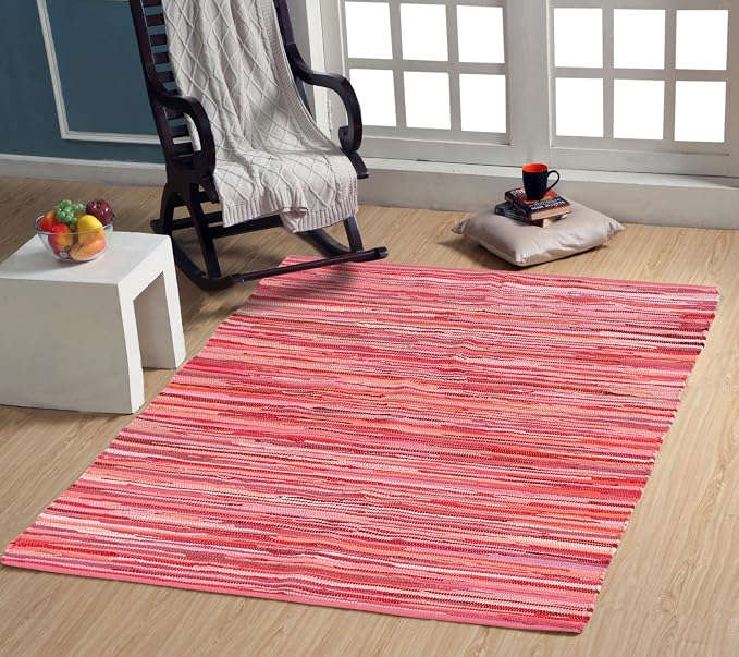 Handmade Cotton Chindi Rug Runner Area Rag Washable Recycled Rugs for Home Décor, Living Room and Bedroom (Pink, 4X6 Feet)
