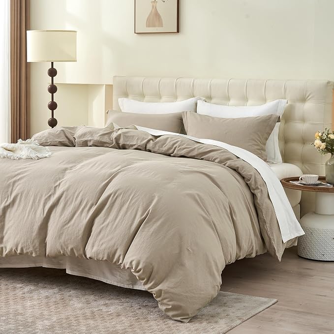 Simple&Opulence French Linen Duvet Cover Set- 104"x 92" - 3 Pieces (1 Comforter Cover,2 Pillowcases)-Natural Flax Cotton Blend-Solid Color Breathable Farmhouse Bedding - Khaki, King