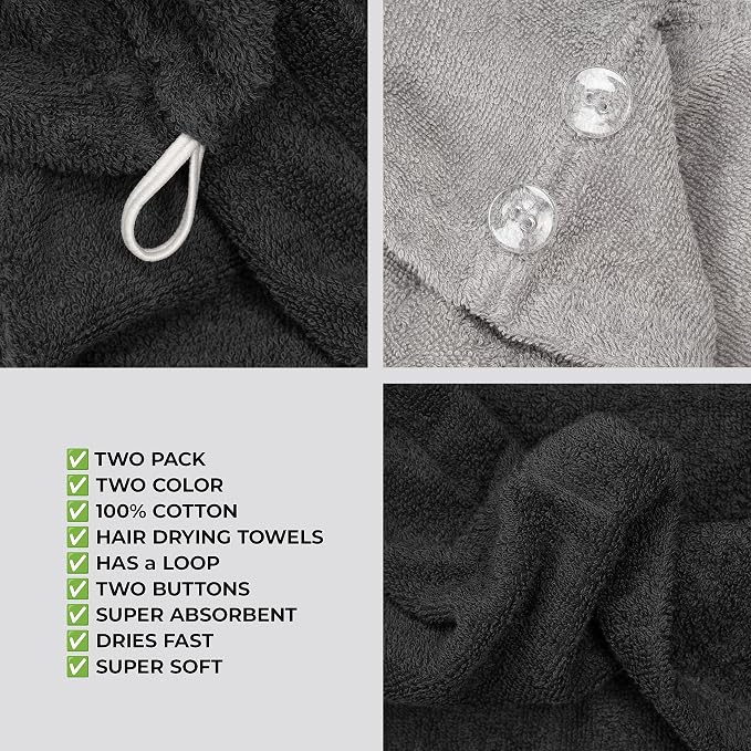 American Soft Linen 100% Cotton Hair Towels for Women, Head Towel Cap, Cotton Hair Turban Towel Wrap, Soft and Absorbent 2 Pack, Black-Light Gray